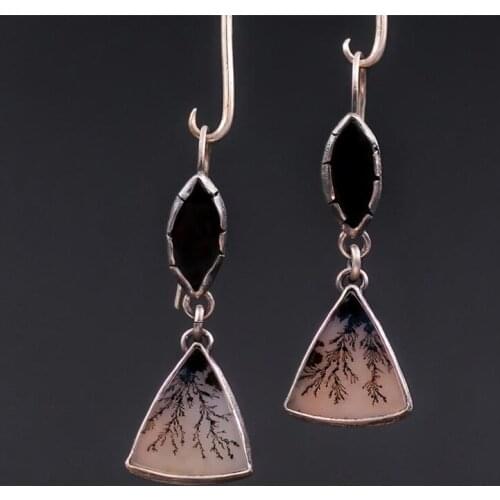 Vintage Boho Triangle Paint Stone Earrings for Women Party Black Ornament Tree Pattern Statement Dangle Earrings Jewelry Gifts