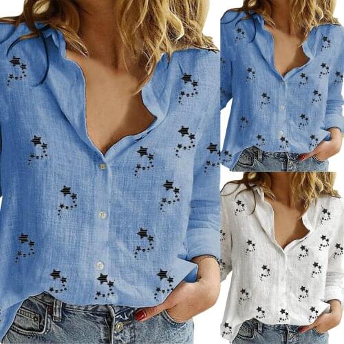 Women Lapel Buttons Shirt Long Sleeve Casual Top Stars Personalized Printing Solid Color All-match Soft Comfortable Girl T-Shirt
