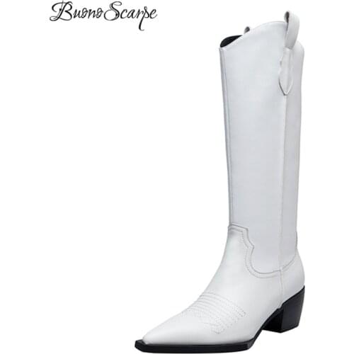 Buono Scarpe Retro Western Cowboy Long Boots Embroidery Pointed Toe Shoes Female Leather Botas Mujer Sewing Ladies Heels Shoes