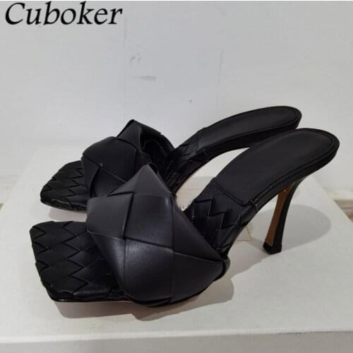 2021 Brand Runway Women Slippers Cross Woven Square Toe Thin High Heels Leather Slides Summer Party Dress Shoes For Women Mujer