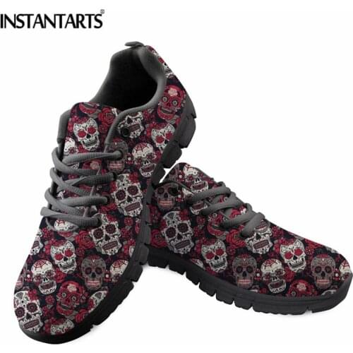 INSTANTARTS Classic Sugar Skulls Printing Women Lace Up Flat Shoes Summer Mesh Breathable Sneaker Shoes for Girls Light Flats