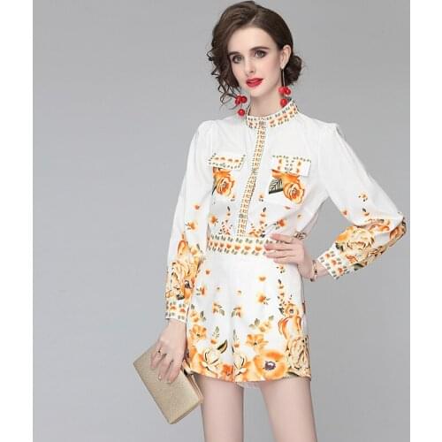 Menahem 2021 Summer Floral Print Yellow Shorts Set Women Long Lantern Sleeve Pocket Blouse and High Waist Shorts 2 Pieces Suit