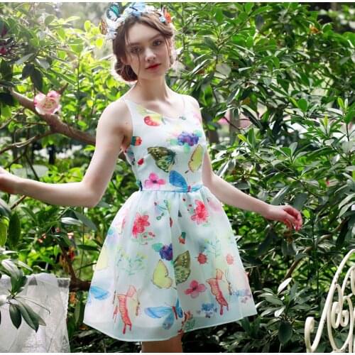 Women Dress Summer Women Korean Fashion Digital Butterfly Print Short Dress Sexy V-Neck Backless Organza Sling Bubble Dress