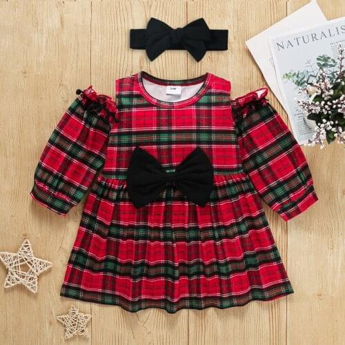 Girls Casual Long Sleeve Christmas Dress Fashion Plaid Off-shoulder A-line Bowknot Short Dress and Headband