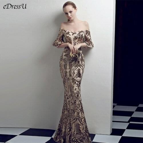 Elegant Sequins Evening Party Dress Robe de Soiree Abendkleid Sexy Boat-Neck Vestido de Fiesta Long Formal Prom Dress YNY-1518