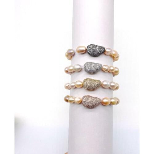 Handmade Beads Bracelets Clear CZ Paved Spacer Beads Pink Natural Freshwater Pearl Elacstic Bracelets