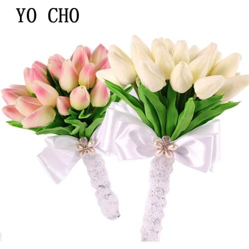 YO CHO Real Touch White PU Tulip Brides Bouquets artificial Bridesmaid wedding bouquet fleurs artificielles pour le mariage