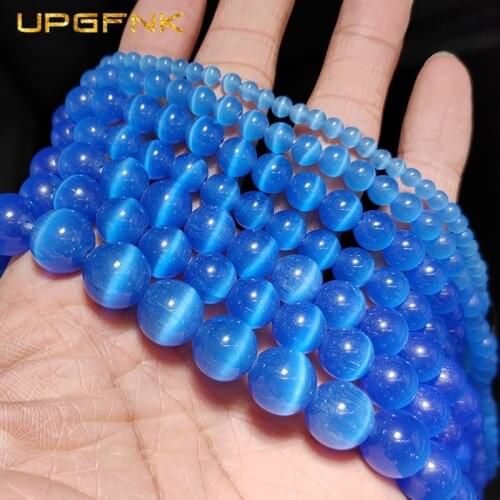 UPGFNK Medium blue Cat Eye Opal Round Natural Stone Spacer Loose beads for Jewelry making bracelet DIY Findings 4/6/8/10/12MM