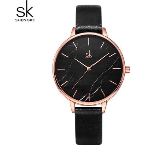 Shengke New Fashion Black Marble Dial Ladies Watches Leather Female Quartz Watch Women Thin Casual Strap Watch Reloj Mujer