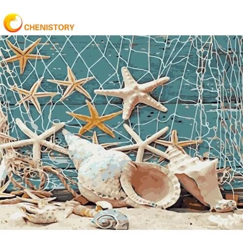 CHENISTORY Diy Oil Painting By Number Shell Landscape Drawing Canvas HandPainted Art Coloring By Number Starfish Kits Home Decor