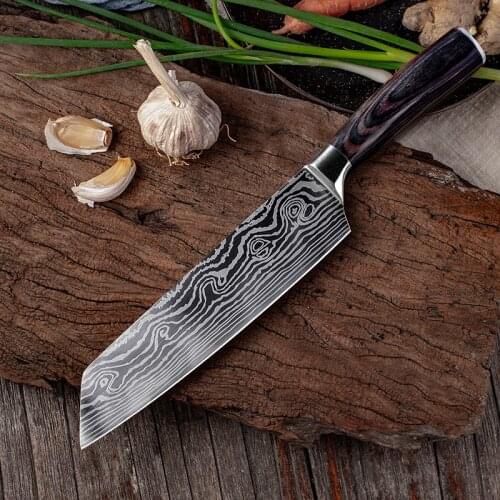 Damascus Kitchen Knife Laser Pattern Stainless Steel Japanese Chef Knife for Meat Fruit Fish Vegetables Kiritsuke Butcher Knife