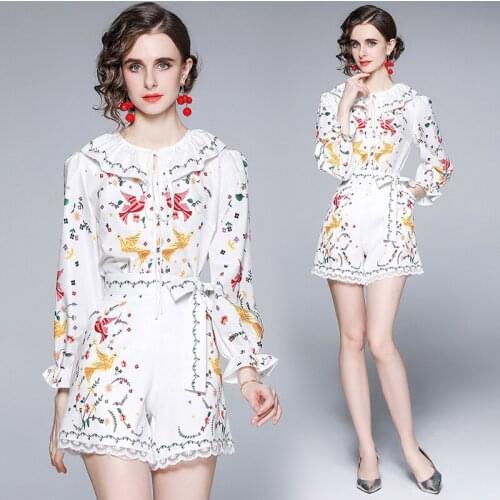 Dropshipping Summer 2 Piece 2pcs Women Ladies Set Vintage Print Crew Neck Long Sleeve Top Shirt Blouse Short Tracksuit Outfit