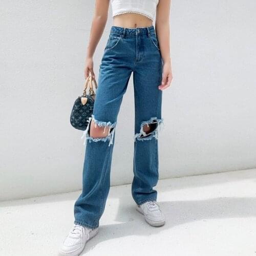 Straight High Waist Fashion Casual Retro Jeans Women Ripped Holes Loose Streetwear Womens Pants Ripped Jeans for Women