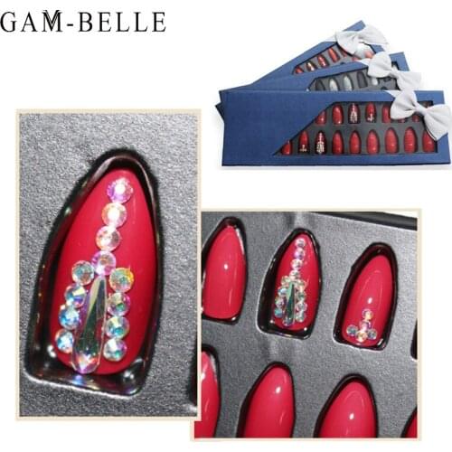 GAM-BELLE Luxury Glitter Fake Nails with 3D Rhinestones Full Self Adhesive Long Almond Artificial False Nails Tips Decoration