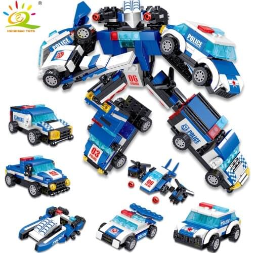 HUIQIBAO TOYS 541PCS 6IN1 Police Robot Man Building Blocks City Deformation Car Truck Bricks Set Toy For Children Kids GIft