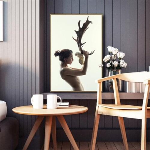 Creative Sexy Nude Girl Women antlers Nordic Wall Art Canvas Painting Hotel Apartment Decoration Prints Poster Pictures No Frame