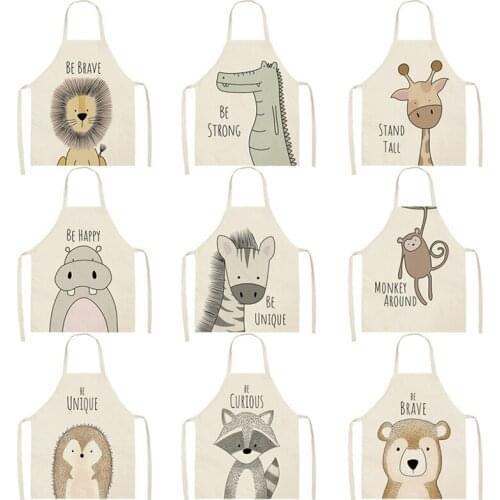 Kitchen Cooking Apron Animal Printed Cotton Linen Aprons for Lion Elk Bear Fox Women Sleeveless Baking Bibs