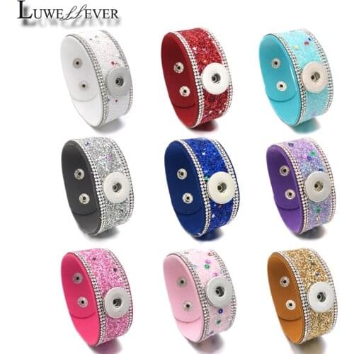 Luwellever Interchangeable 084 Rhinestones Velvet Leather Bangle Fit 18mm Snap Button Bracelet Charm Jewelry For Women Gift