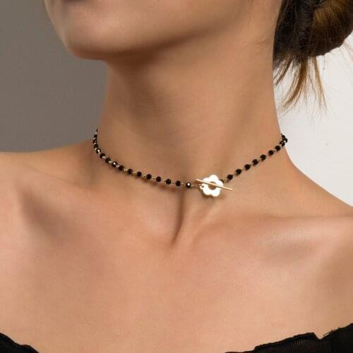 Fashion Luxury Black Crystal Glass Bead Chain Choker Necklace for Women Flower Lariat Lock Collar Necklace Jewelry Party Charm