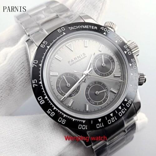 Solid 39mm PARNIS Quartz mens watch Full Chronograph gray dial luminous sapphire glass black bezel stop watch men W2880