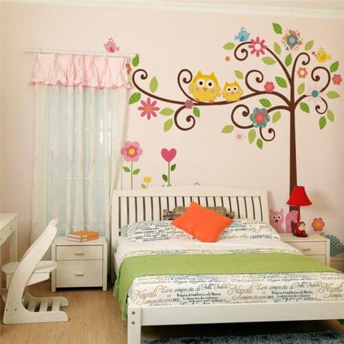 Owlets Tree Wall Stickers For Kids Room Decor Nursery Cartoon Children Wall Decals Peel And Stick Art Animals Home Decoration