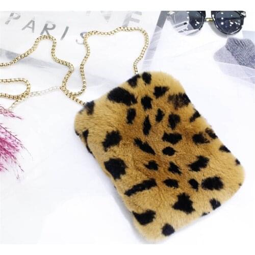 New Ladies Wallet Rex Rabbit Fur Leopard Print Shoulder Bag Messenger Bag Mobile Phone Wallet Handbag Handbag Fur Pocket Bag