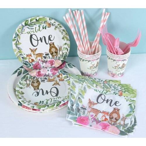 Woodland Animal Kids Birthday Party Decorations Fox Disposable Tableware Safari Jungle Girl Boy Baby Shower One Birthday Decor