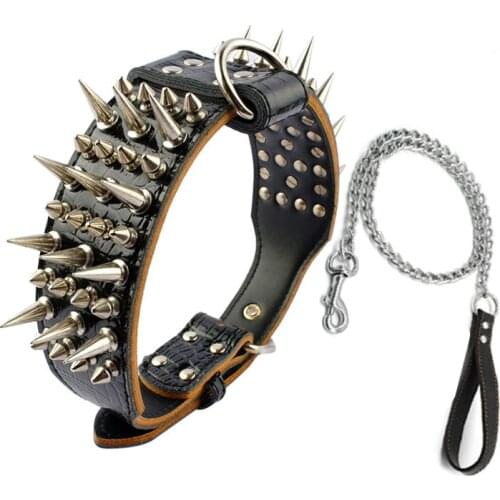 Dog Bite Collar Fashion Bully Dog Supplies Pitbull Bulldog PU Collar Leash For Big Dog Rivet Style Collar For Fat Puppy