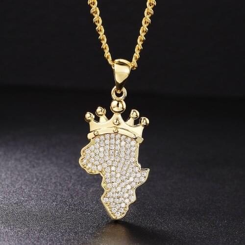 Africa Map Crown Pendant Necklace For Women Men Stainless Steel Cuban Link Chain Iced Out Crystal Punk Hip Hop Jewelry OHP104