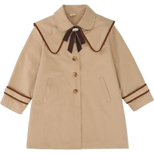 Kids 4-16 years girls fashion spring/autumn sailor collar bowknot long dust coat casual trench jackets teen juniors brown khaki