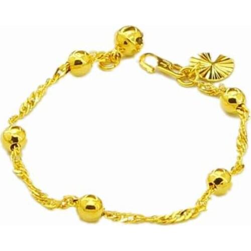 Real 24K Yellow Gold-Color Bead Chain Bracelets for Women Bells Bracelet Bangle Bridal Jewelry Gold Wristband Gifts for Girls