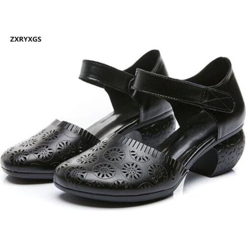 Best Sale Summer Sandals Women Shoes New Round Toe Hollow Genuine Leather Sandals Classic Fashion Sandals High Heeled Sandals