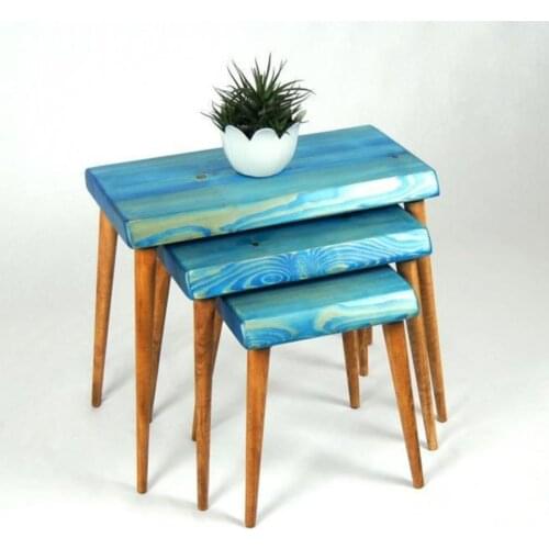 Modern Natural Wood Solid Billet 3'lü Zigon Coffee table coffe table