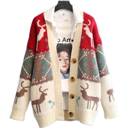 Sweater Cardigan Coat Womens 2021 Spring New Products Korean-style Loose Thick New Year Red Deer Jacquard Vintage Knit