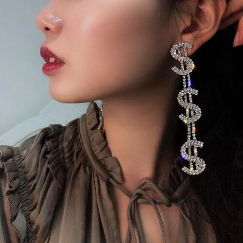 Design US Dollar Charm Money Long Earrings Shiny Rhinestone Sign Drop Earrings for Women Jewelry Party Gift