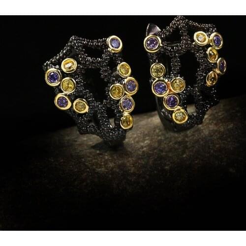 CHARLINLIOL Tungsten Jewelry Hollow Flower Amethyst Stud Earrings for Women Vintage Black Gold Ear Stud American Accessory