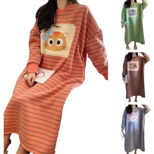 Womens Sleepwear Night Gowns Warm Breathable O Neck Long Sleeve Night Dress Loose Knee Length Pajamas Cartoon Home Wear Girls