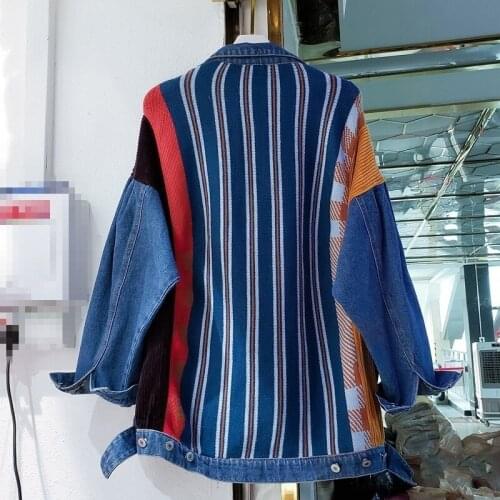 Spring Single Breasted Denim Jacket Women Boyfriend Style Loose Fashion Corduroy Knitting Splice Jean Outerwear Casual Jackets