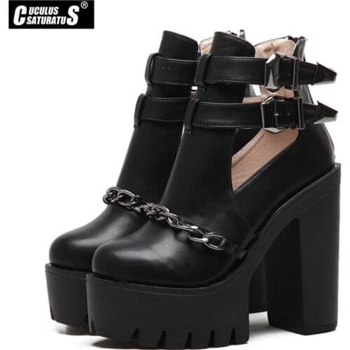 Cuculus Spring Autumn Fashion Ankle Boots For Women High Heels Casual Cut-outs Buckle Round Toe Chain Thick Heels Platform Shoes