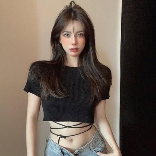 DAXIN Women T Shirts Summer Solid Color O Neck Slim Exposure Tops Lace Up Short-Sleeved Knitted Female Crop Top Ladies Shirt