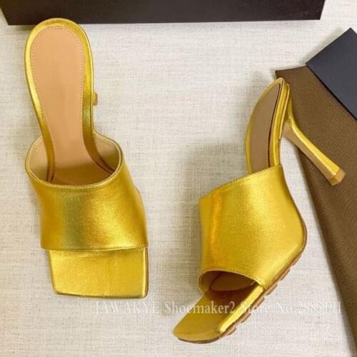 Square Toe Real Leather Women Slippers Runway One Strap Thin High Heels Women Slides Sexy Party Summer Sandals High Quality