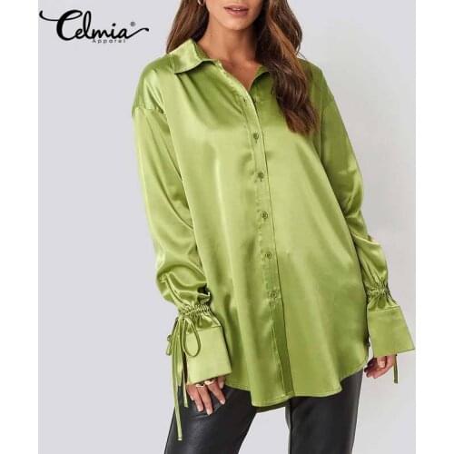 Women OL Satin Silk Shirts Celmia 2021 Fashion Long Flare Sleeve Tops Elegant Office Casual Turn-down Collar Blusas Femininas