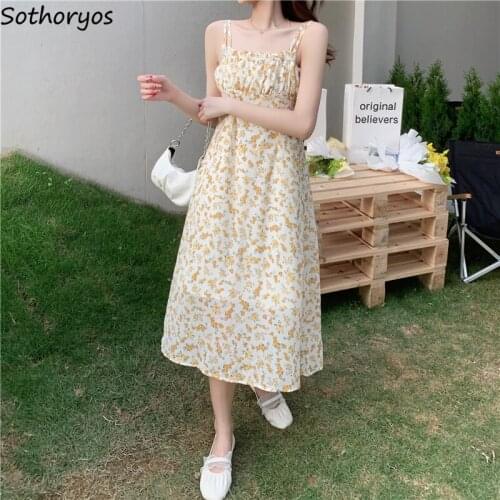 Women Sleeveless Dresses Mid-calf Floral Elegant Tender French Style Retro Sweet Fairy Temperament Folds Ruffles Ulzzang Teens