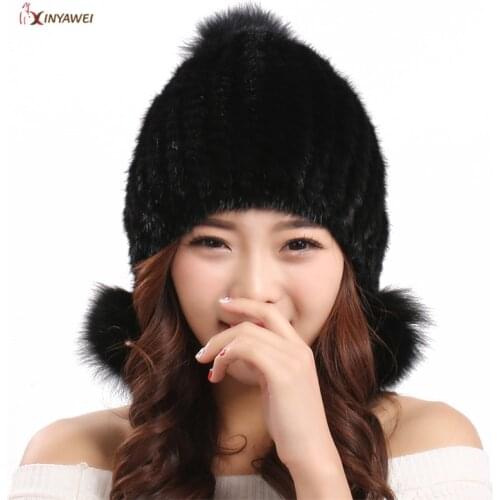 Lady Caps Natural Mink Fur Hats For Women Real Fur Pompom Beanies Knitted Earflap Mink Fur Hats Russian Winter Thick Warm Hats