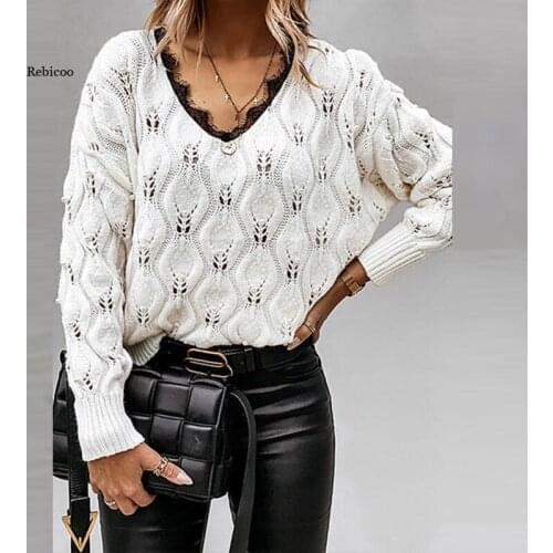 Woman Elegant Lace Knitted Sweater Autumn Sexy V Neck Hollow Out Loose Tops Pullovers Winter Casual Long Sleeve Solid Sweaters