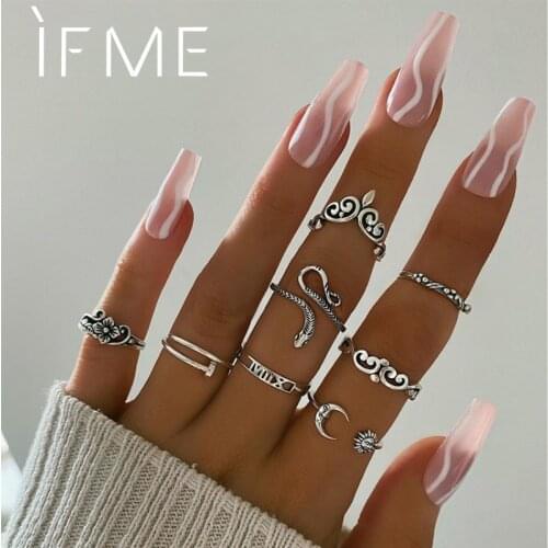 IF ME Retro Ethnic Silver Color Snake Moon Animal Rings Set for Women Female Sun Flower Crown Engagement Knuckle Ring Jewelry
