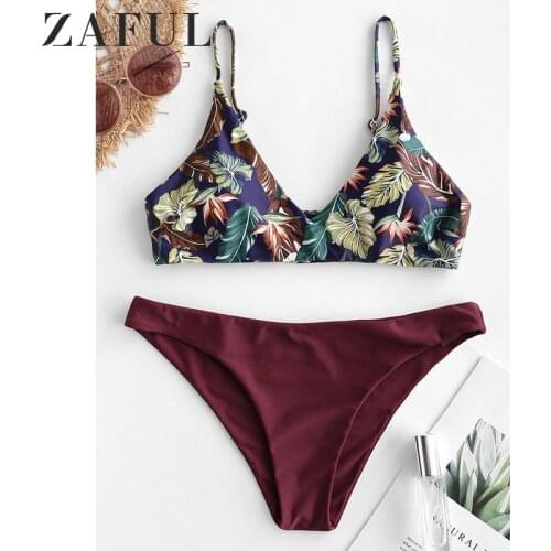 ZAFUL Tropical Leaf Print Bralette Bikini Swimsuit Women Padded Bohemia Bikinis Set 2021 Summer Sexy Beach Female Bathing Suit