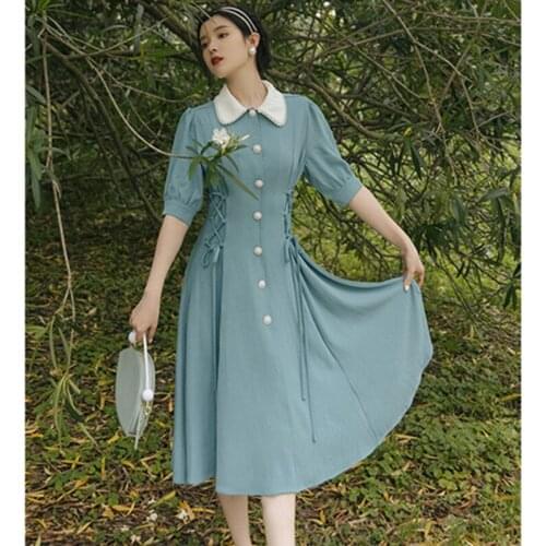 Dresses for women 2021 Temperament Lapel Beaded Summer French Retro Dress Bow Slim Single-breasted Elegant Dress