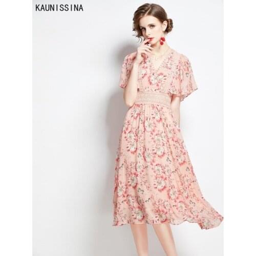 Women New Summer Dress Floral Lace High Waist French Style Chiffon Dresses Short Butterfly Sleeve Knee Length Dress with Lining