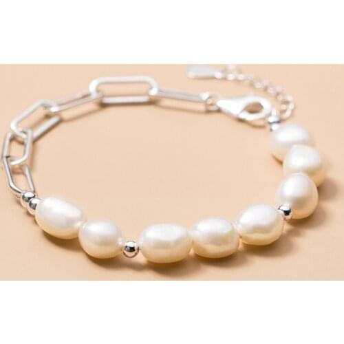 Asymmetry Bracelet Real. 925 Sterling Silver Fine Jewelry baroque Pearl &Oval Chain Wrist Bracelet Charms C-S4009